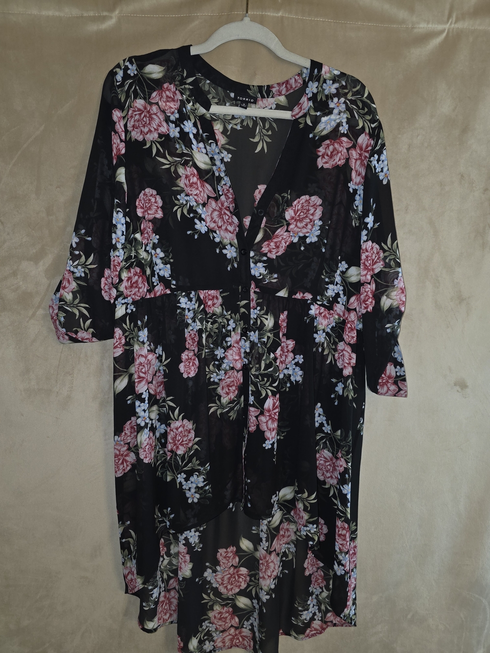 torrid Black Floral High Low Top with Pink & Blue Blooms